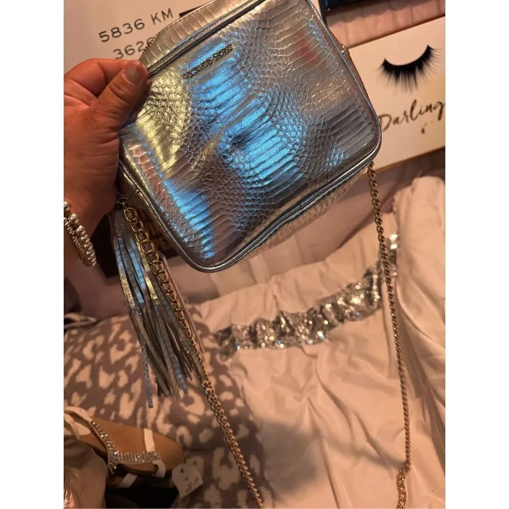VS Victoria’s Secret zip top silver snakeskin metallic crossbody w tassel bag ch